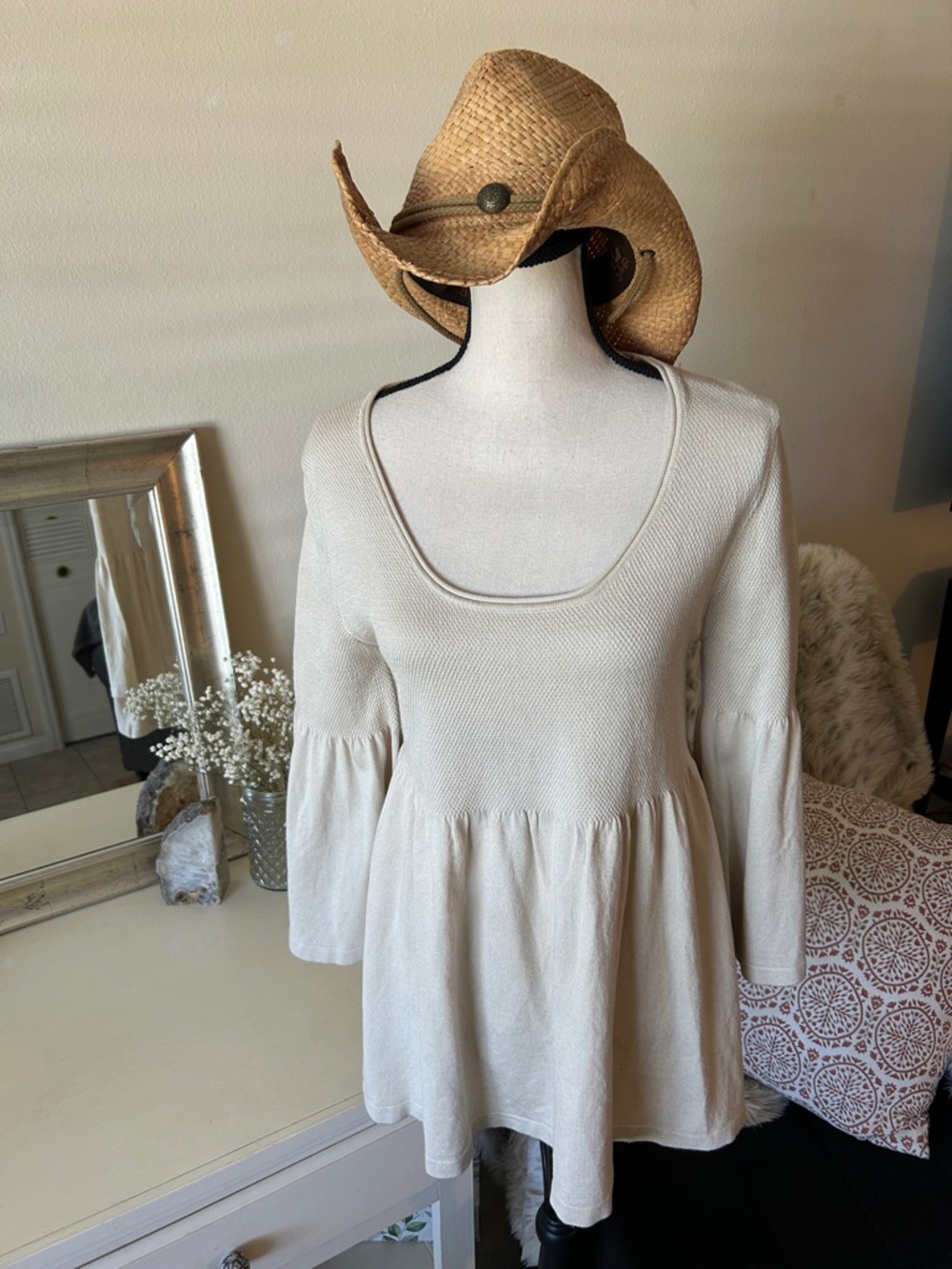 Earthbound cream, tan swoop neck boho, bell sleeve baby doll sweater top M